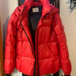 Red puffer jacket